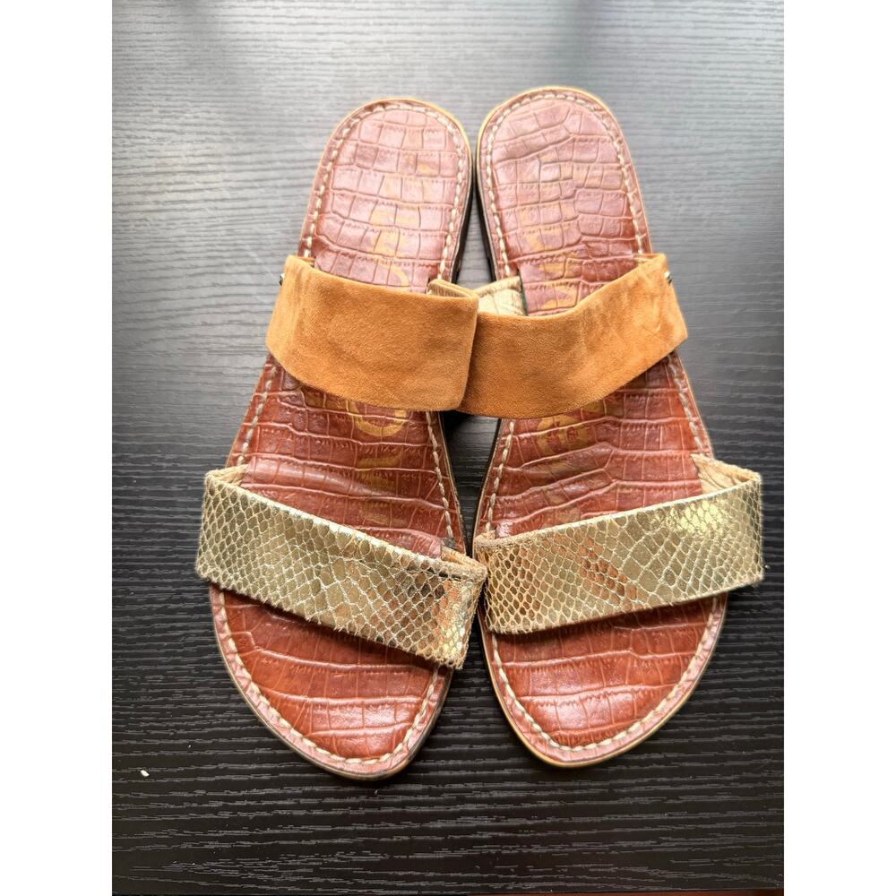 Sam Edelman Gala Slide Sandals Brown Croc Embossed Metallic Strap Size 9.5